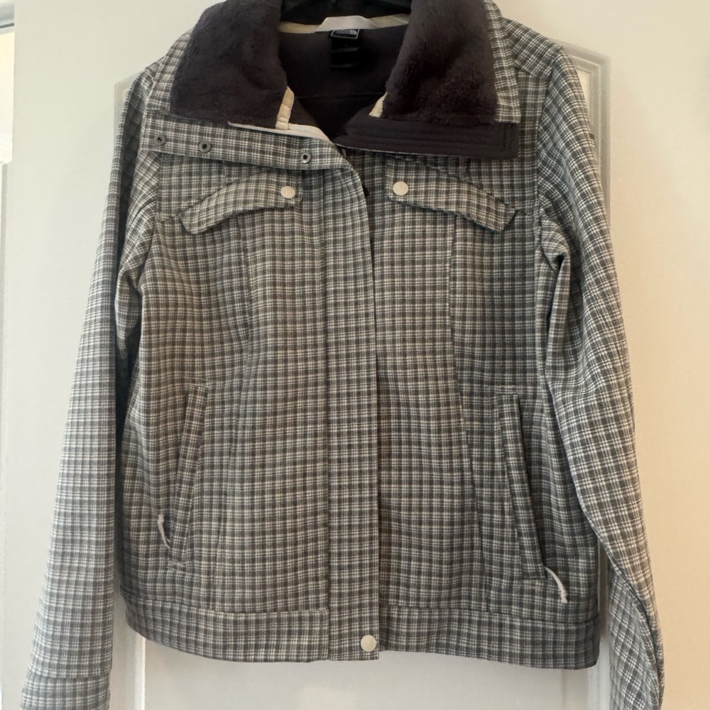 The North Face Women's Gray Plaid Utility Jacket with Faux Fur Collar